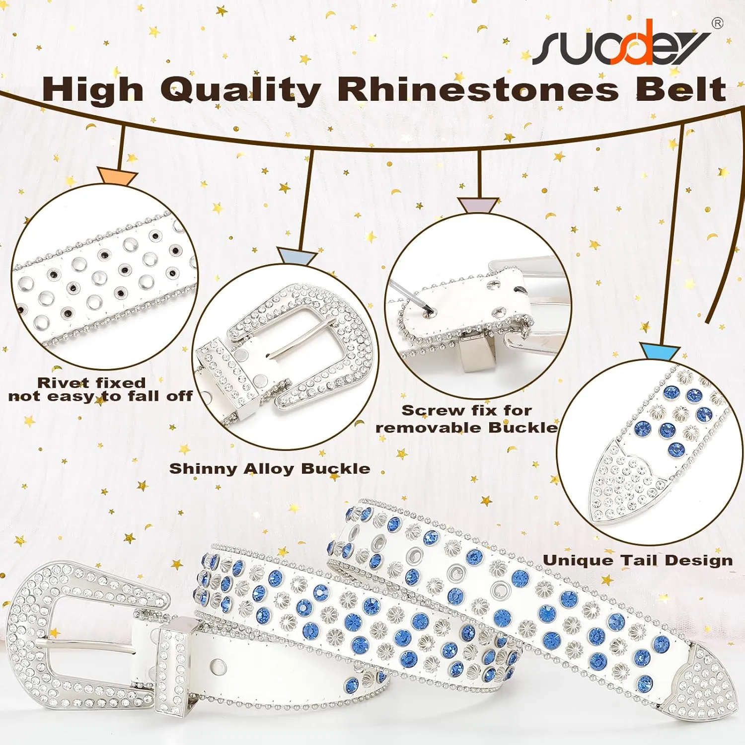 SUOSDEY Rhinestone Belt for Men Women Western Cowboy Cowgirl Bling Studded Leather Belt for Jeans Pants
