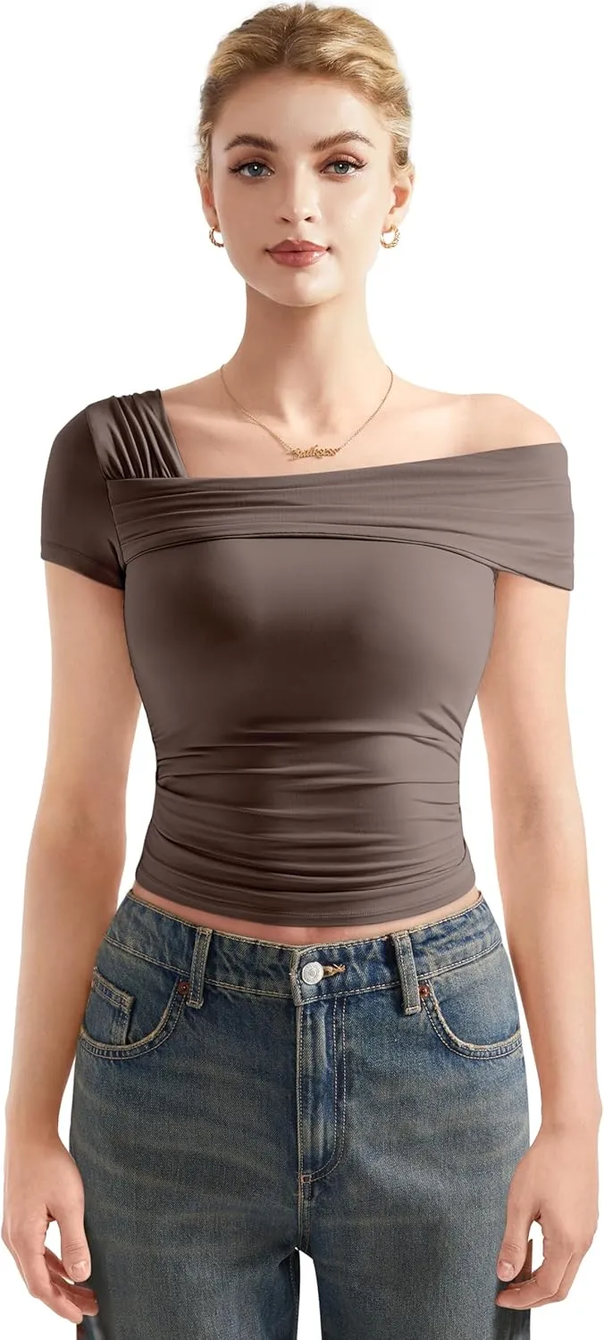 SUUKSESS Women One Off The Shoulder Summer Tank Tops Ruched Short Sleeve Shirts