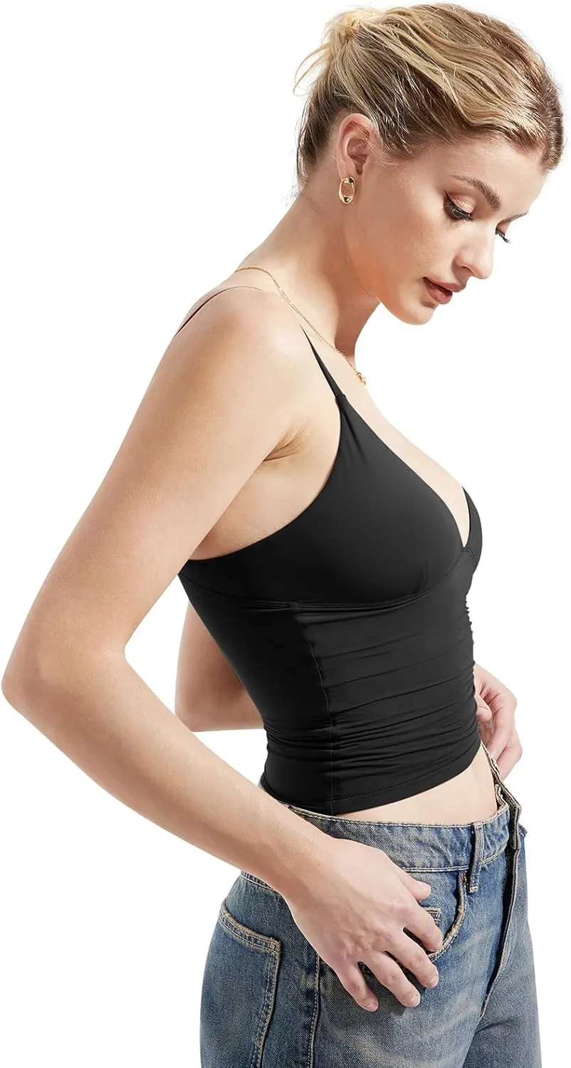 SUUKSESS Women Sexy Deep V Neck Sleeveless Fitted Basic Tops Y2K Tank Top Cami