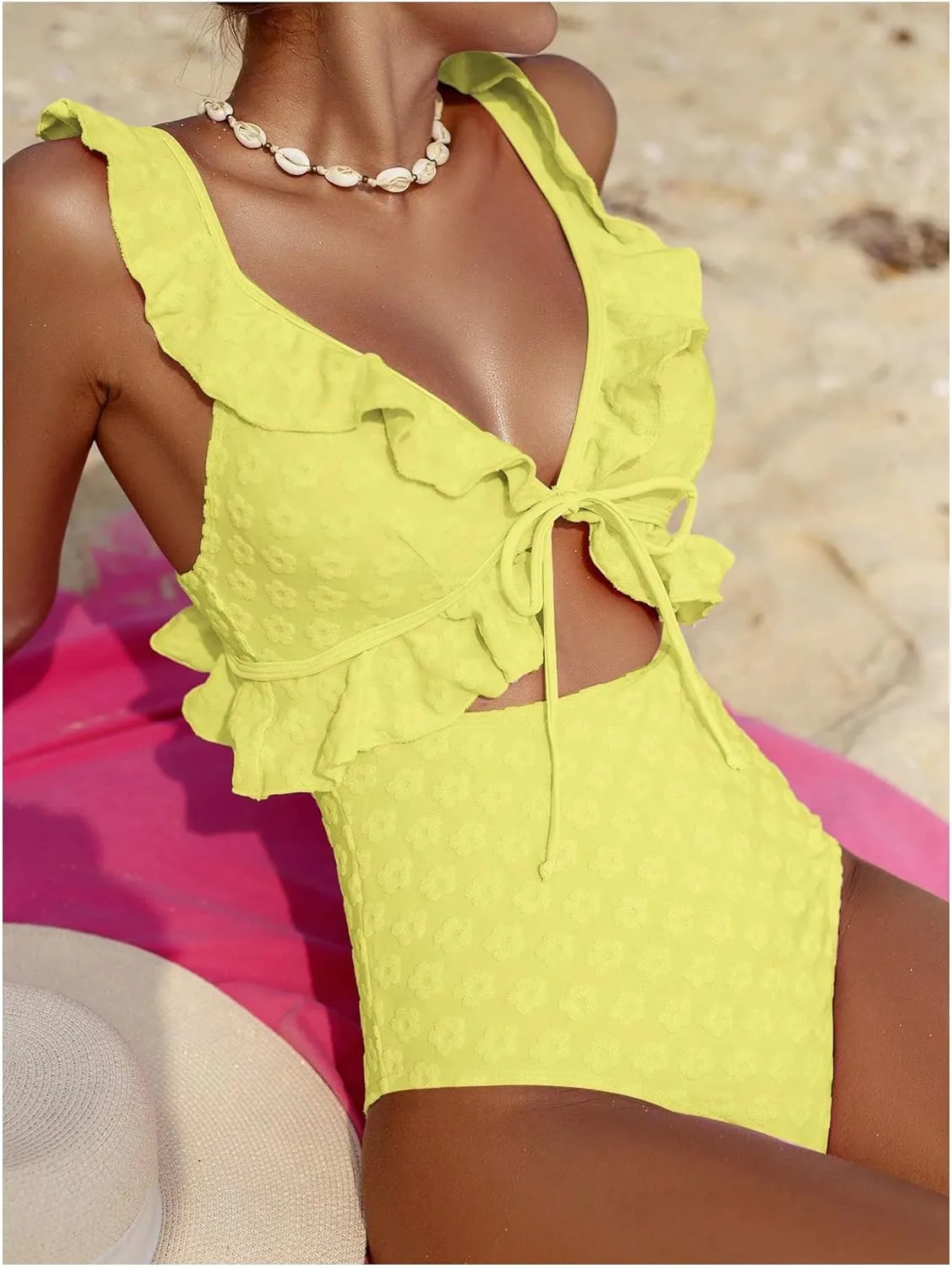 SweatyRocks Women's Cut Out Ruffle Floral One Piece Swimsuit Tie Front Monokini Bathing Suit