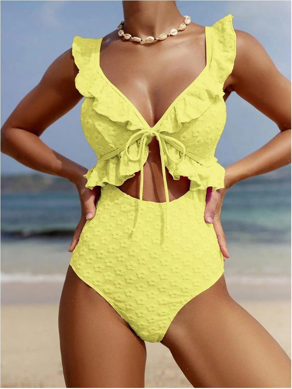 SweatyRocks Women's Cut Out Ruffle Floral One Piece Swimsuit Tie Front Monokini Bathing Suit