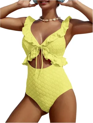 SweatyRocks Women's Cut Out Ruffle Floral One Piece Swimsuit Tie Front Monokini Bathing Suit