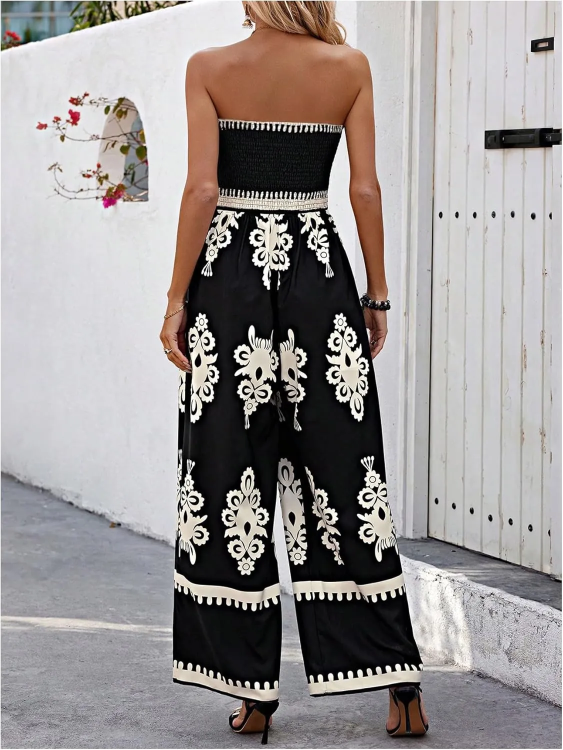 SweatyRocks Women's Tribal Print Strapless Jumpsuit Smocked Wide Leg Vacation Boho Jumpsuits