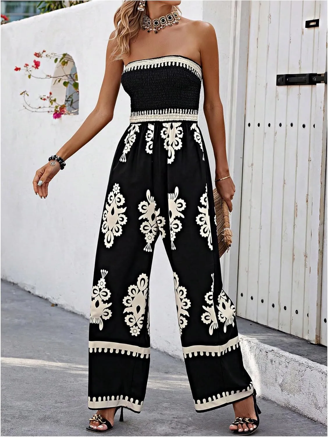 SweatyRocks Women's Tribal Print Strapless Jumpsuit Smocked Wide Leg Vacation Boho Jumpsuits
