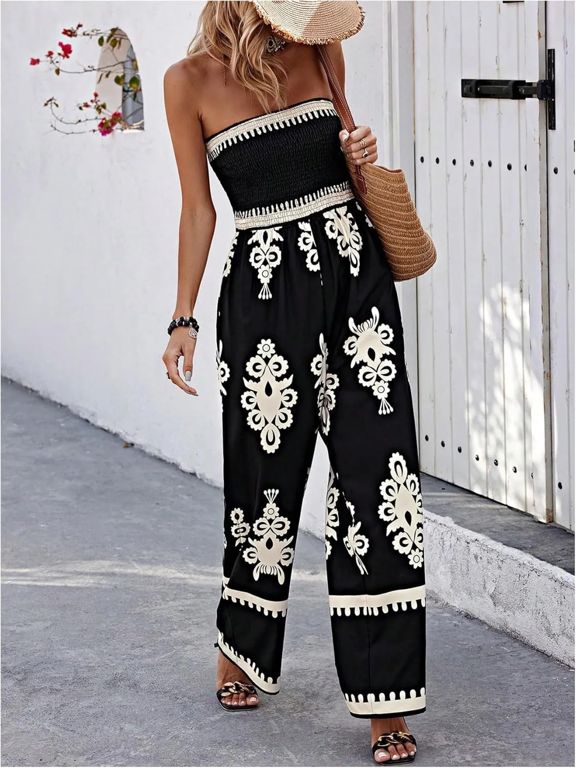 SweatyRocks Women's Tribal Print Strapless Jumpsuit Smocked Wide Leg Vacation Boho Jumpsuits