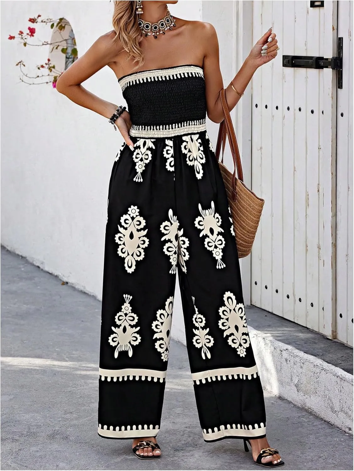 SweatyRocks Women's Tribal Print Strapless Jumpsuit Smocked Wide Leg Vacation Boho Jumpsuits