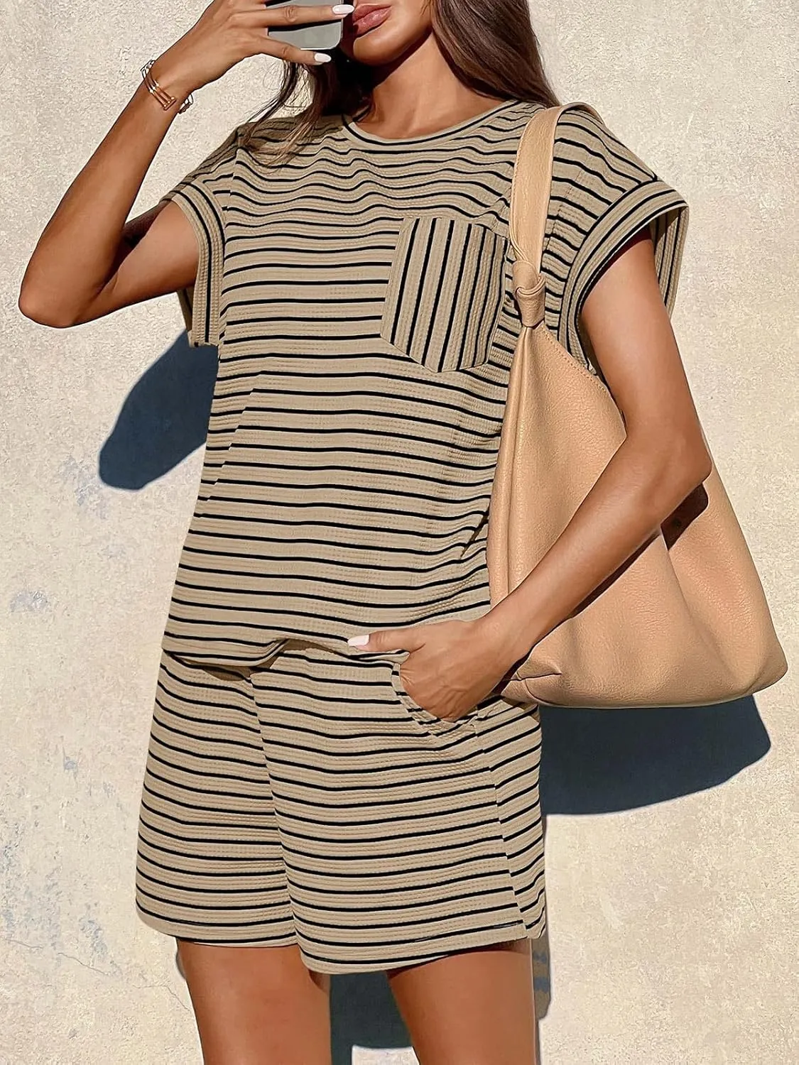Tankaneo Womens 2 Piece Lounge Sets Striped Summer Outfits Cap Sleeve Tops and Elastic Waist Shorts Matching Set