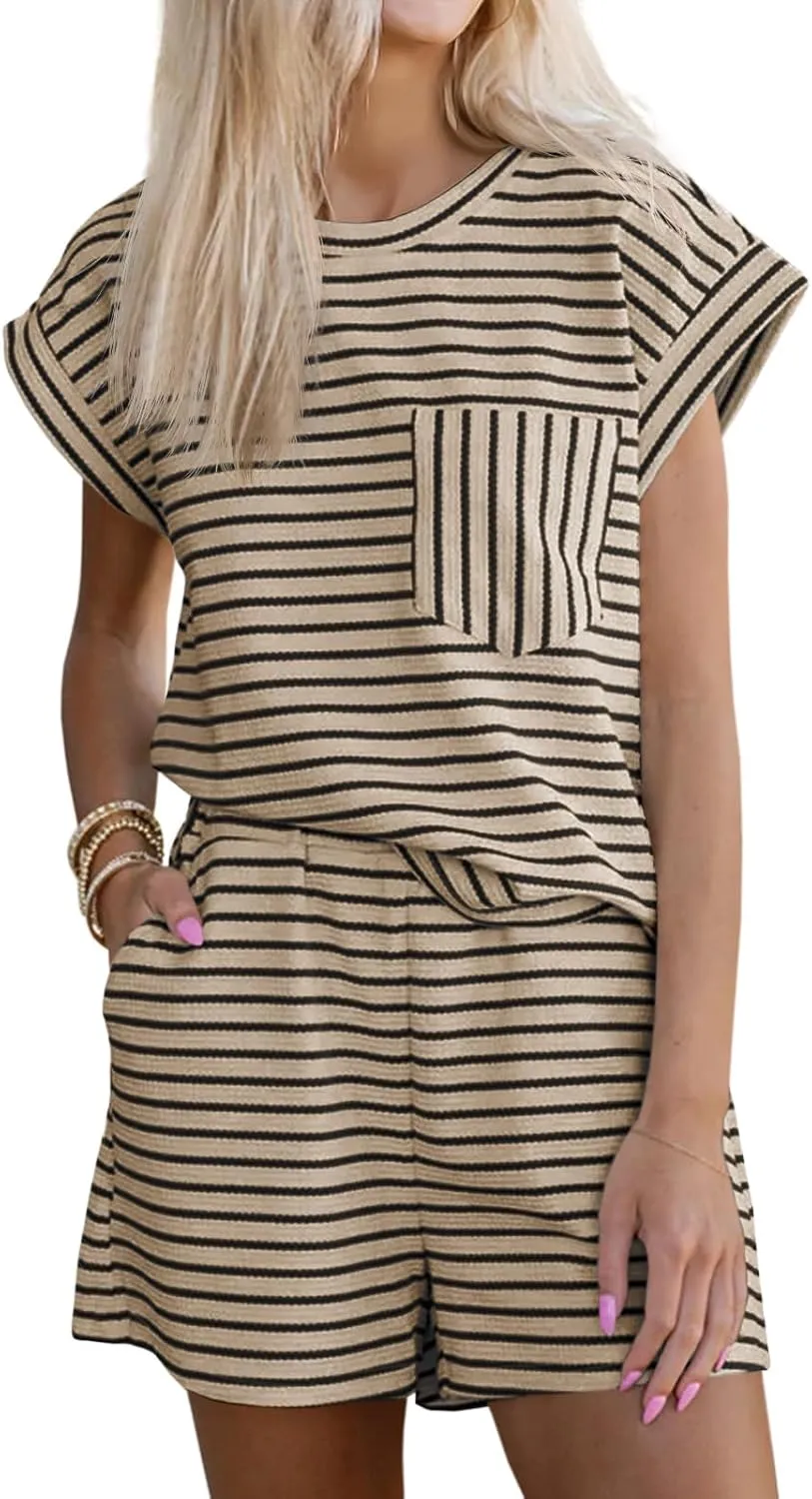 Tankaneo Womens 2 Piece Lounge Sets Striped Summer Outfits Cap Sleeve Tops and Elastic Waist Shorts Matching Set
