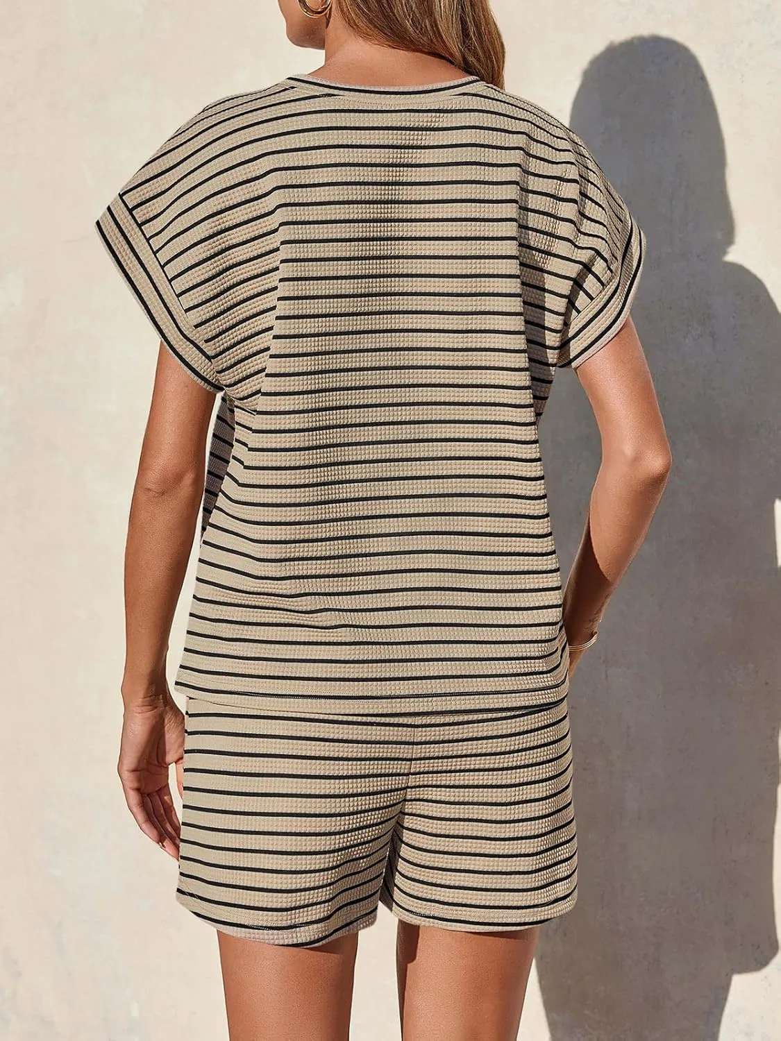Tankaneo Womens 2 Piece Lounge Sets Striped Summer Outfits Cap Sleeve Tops and Elastic Waist Shorts Matching Set