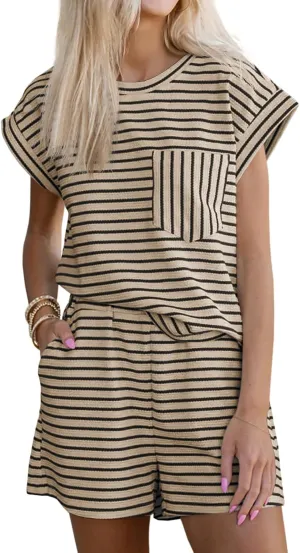 Tankaneo Womens 2 Piece Lounge Sets Striped Summer Outfits Cap Sleeve Tops and Elastic Waist Shorts Matching Set