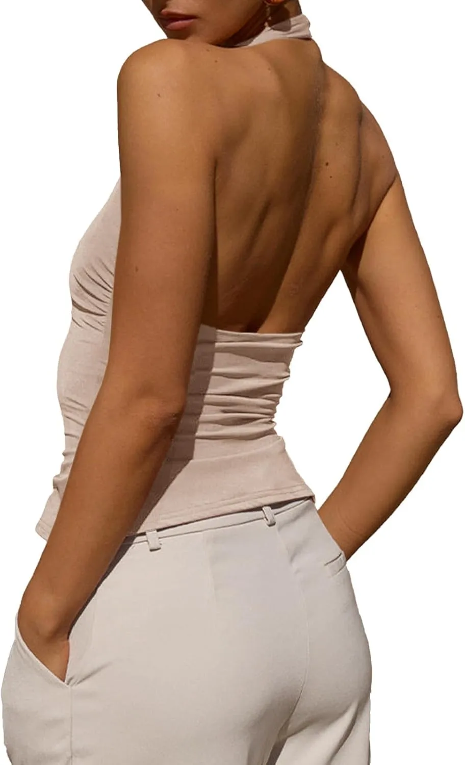 Tankaneo Womens Sexy Scoop Neck Halter Tops Backless Ruched Knit Tank Tops Summer Sleeveless Fitted Going Out Shirts