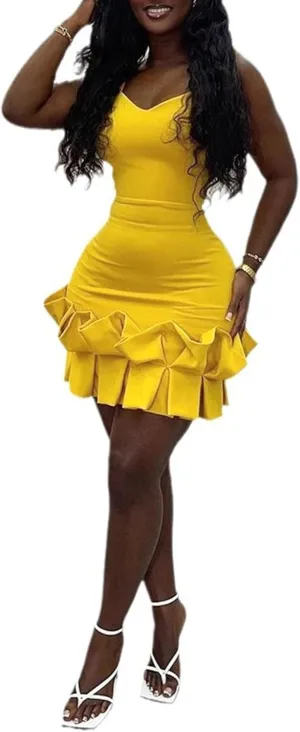 Tbahhir Women's Backless Bodycon Dress Mini Sleeveless Ruffle Dresses Back Tie Yellow Party Club