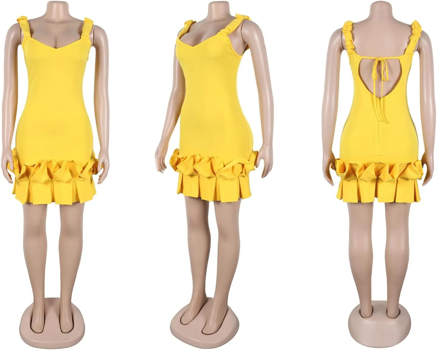 Tbahhir Women's Backless Bodycon Dress Mini Sleeveless Ruffle Dresses Back Tie Yellow Party Club