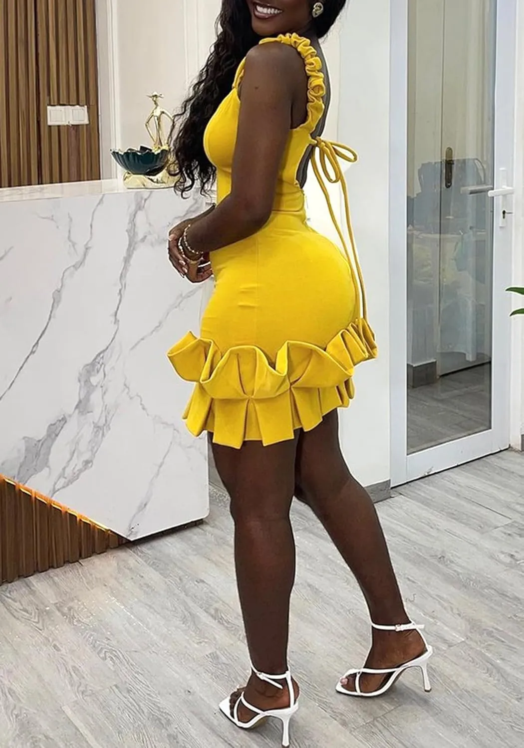 Tbahhir Women's Backless Bodycon Dress Mini Sleeveless Ruffle Dresses Back Tie Yellow Party Club