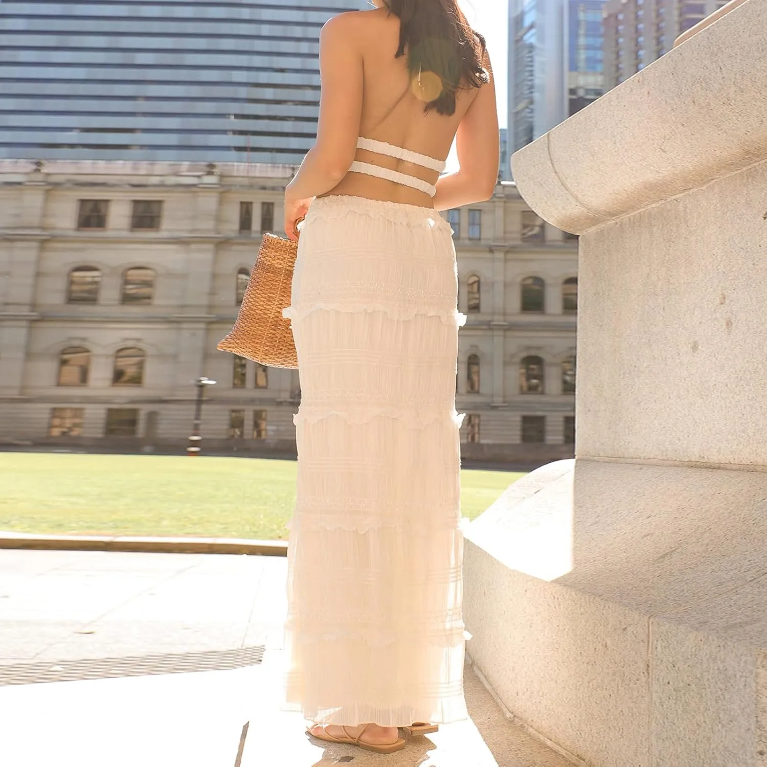 Tempura Women Summer Outfit Shirred Tie-up Halter Neck Open Back Tank Tops Drawstring Long Skirt 2 Pcs Set