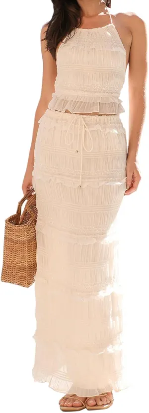 Tempura Women Summer Outfit Shirred Tie-up Halter Neck Open Back Tank Tops Drawstring Long Skirt 2 Pcs Set