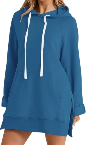 The Warmy Oversized Hoodie Dress, Warmy Hoodie, Women's Casual Pullover Split Hem Drawstring Long Sweatshirt with Pocket
