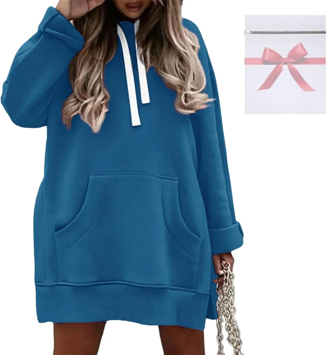 The Warmy Oversized Hoodie Dress, Warmy Hoodie, Women's Casual Pullover Split Hem Drawstring Long Sweatshirt with Pocket