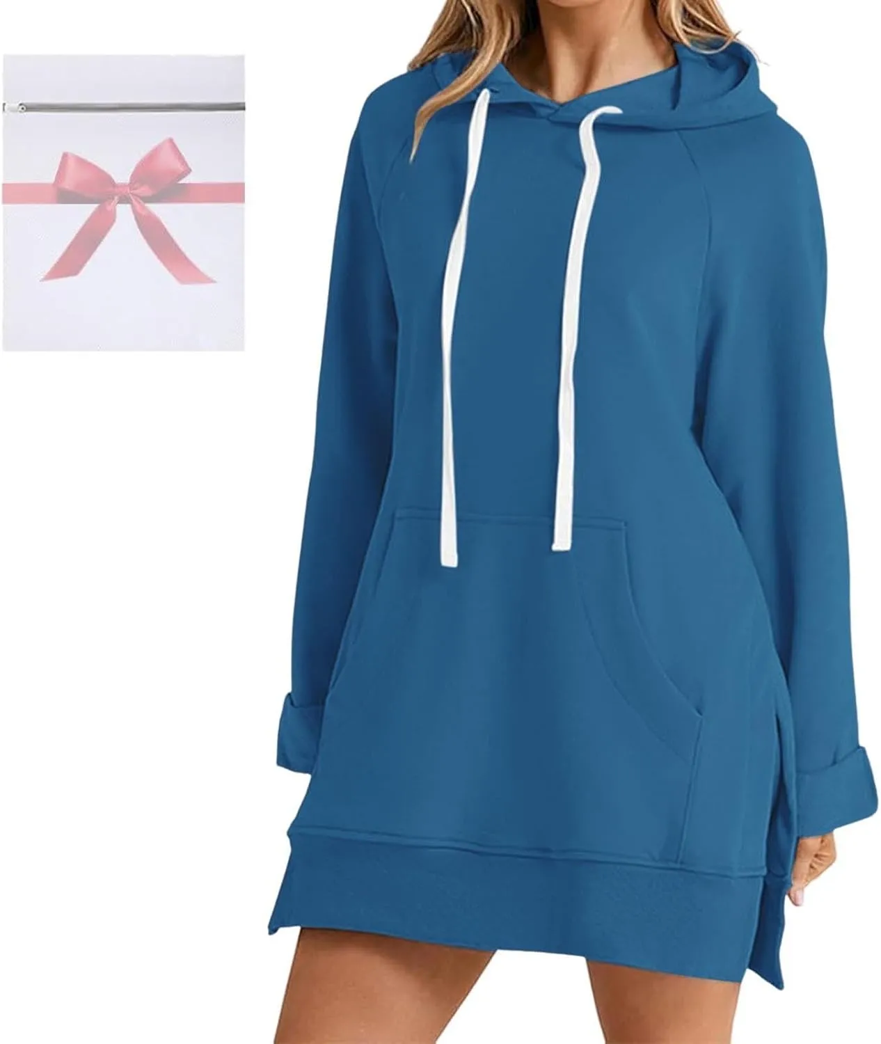The Warmy Oversized Hoodie Dress, Warmy Hoodie, Women's Casual Pullover Split Hem Drawstring Long Sweatshirt with Pocket