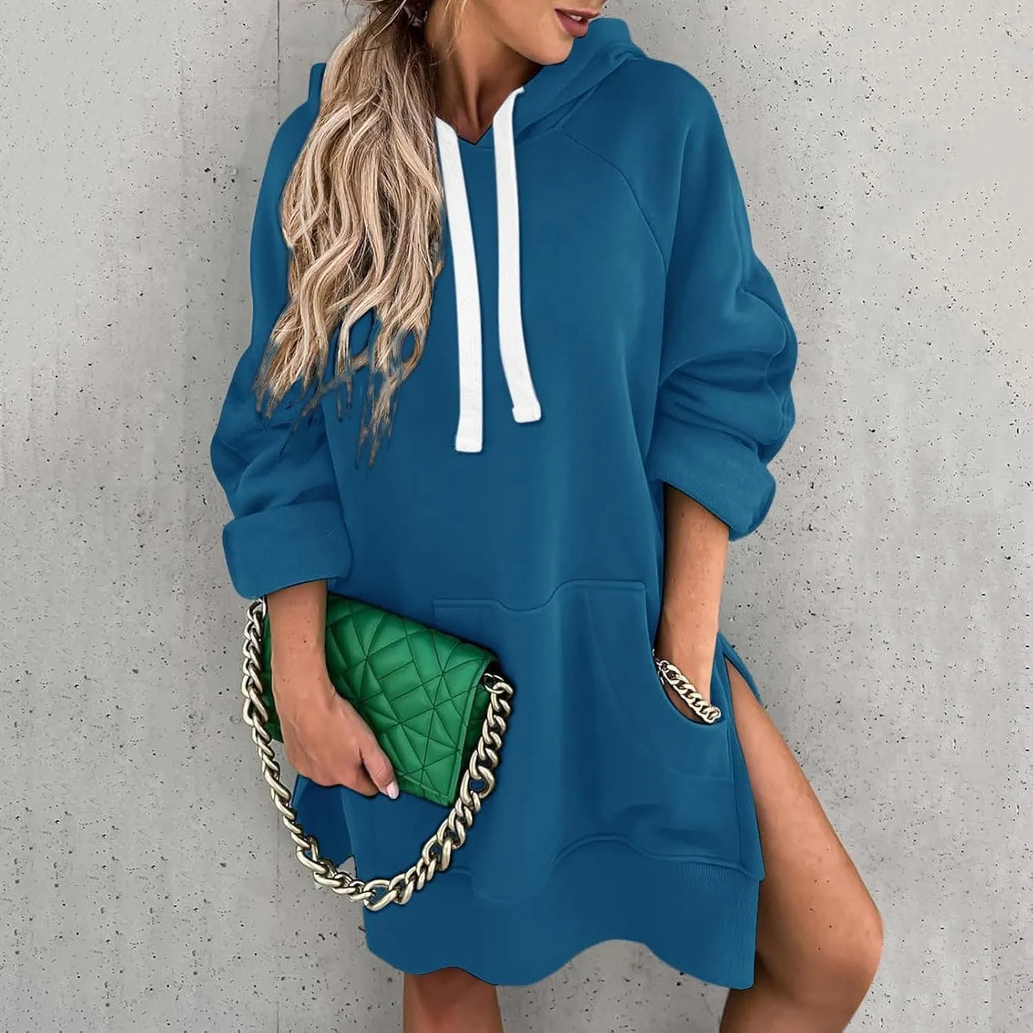 The Warmy Oversized Hoodie Dress, Warmy Hoodie, Women's Casual Pullover Split Hem Drawstring Long Sweatshirt with Pocket