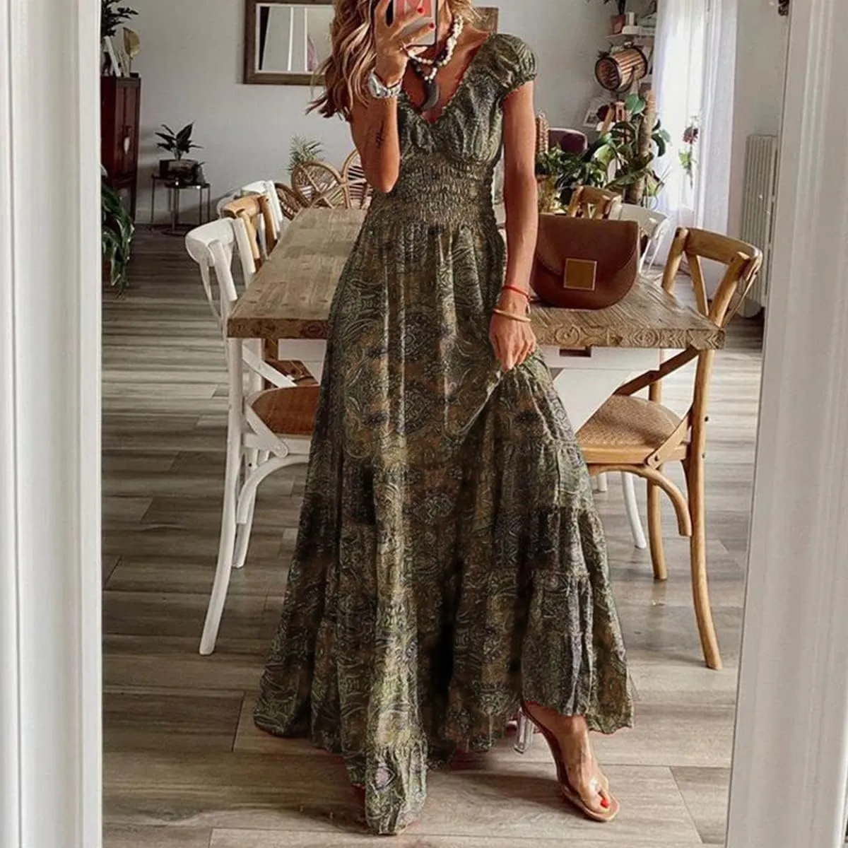 TIAFORD Womens 2024 Casual Boho Maxi Dresses V Neck Puff Sleeve Geometric Pattern Smocked Ruffle Flowy Beach Long Dress