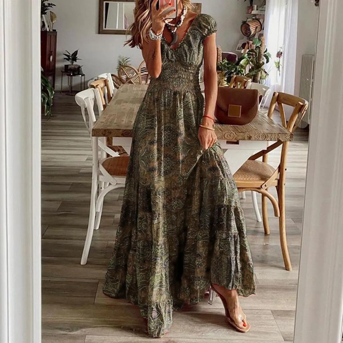 TIAFORD Womens 2024 Casual Boho Maxi Dresses V Neck Puff Sleeve Geometric Pattern Smocked Ruffle Flowy Beach Long Dress