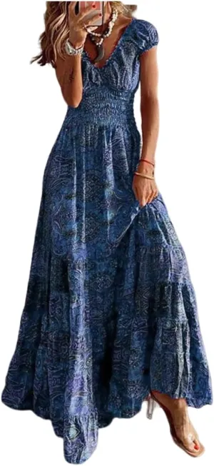 TIAFORD Womens 2024 Casual Boho Maxi Dresses V Neck Puff Sleeve Geometric Pattern Smocked Ruffle Flowy Beach Long Dress