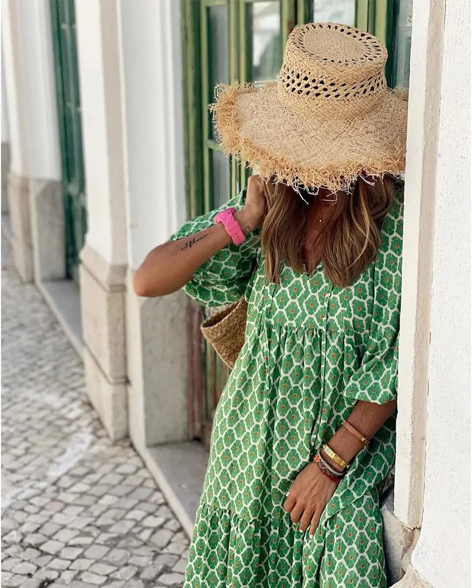 TIAFORD Womens 2024 Casual Boho Maxi Dresses V Neck Puff Sleeve Geometric Pattern Smocked Ruffle Flowy Beach Long Dress