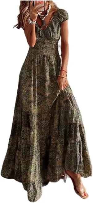 TIAFORD Womens 2024 Casual Boho Maxi Dresses V Neck Puff Sleeve Geometric Pattern Smocked Ruffle Flowy Beach Long Dress