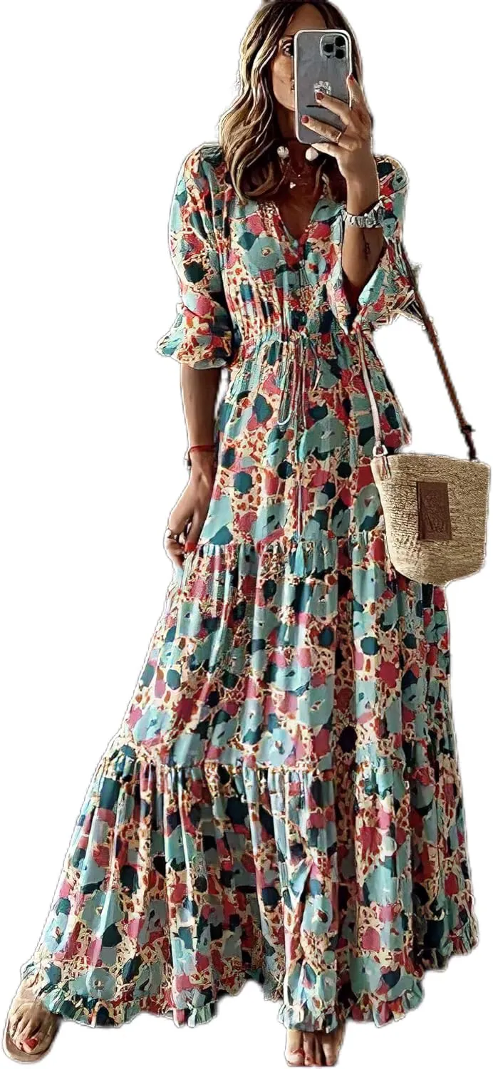 TIAFORD Womens 2024 Casual Boho Maxi Dresses V Neck Puff Sleeve Geometric Pattern Smocked Ruffle Flowy Beach Long Dress