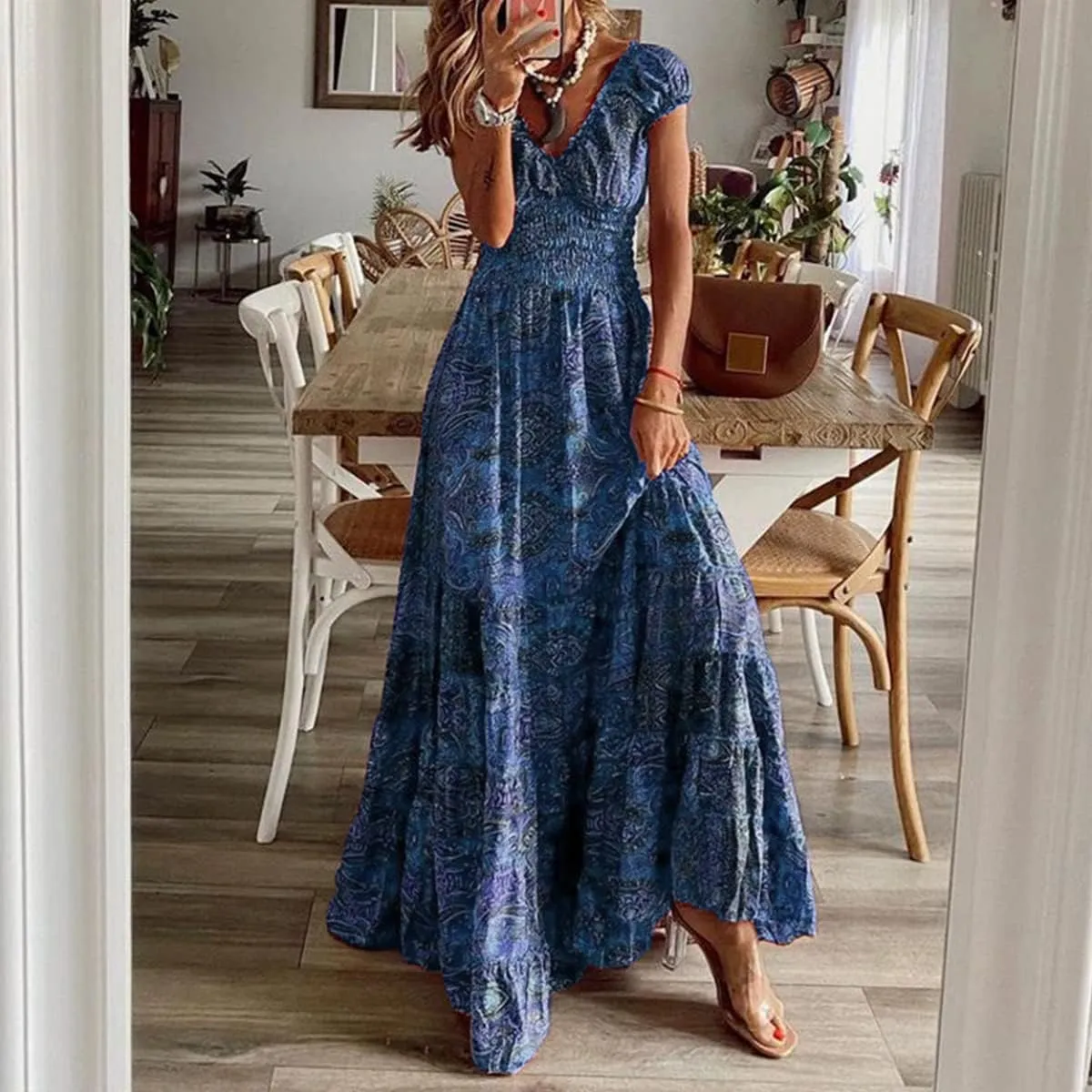 TIAFORD Womens 2024 Casual Boho Maxi Dresses V Neck Puff Sleeve Geometric Pattern Smocked Ruffle Flowy Beach Long Dress