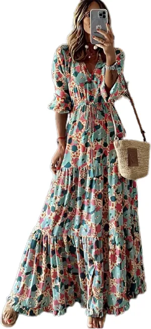 TIAFORD Womens 2024 Casual Boho Maxi Dresses V Neck Puff Sleeve Geometric Pattern Smocked Ruffle Flowy Beach Long Dress