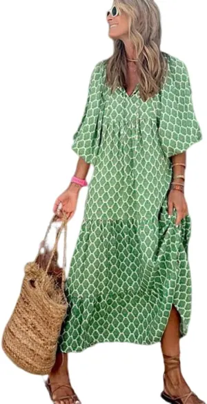 TIAFORD Womens 2024 Casual Boho Maxi Dresses V Neck Puff Sleeve Geometric Pattern Smocked Ruffle Flowy Beach Long Dress