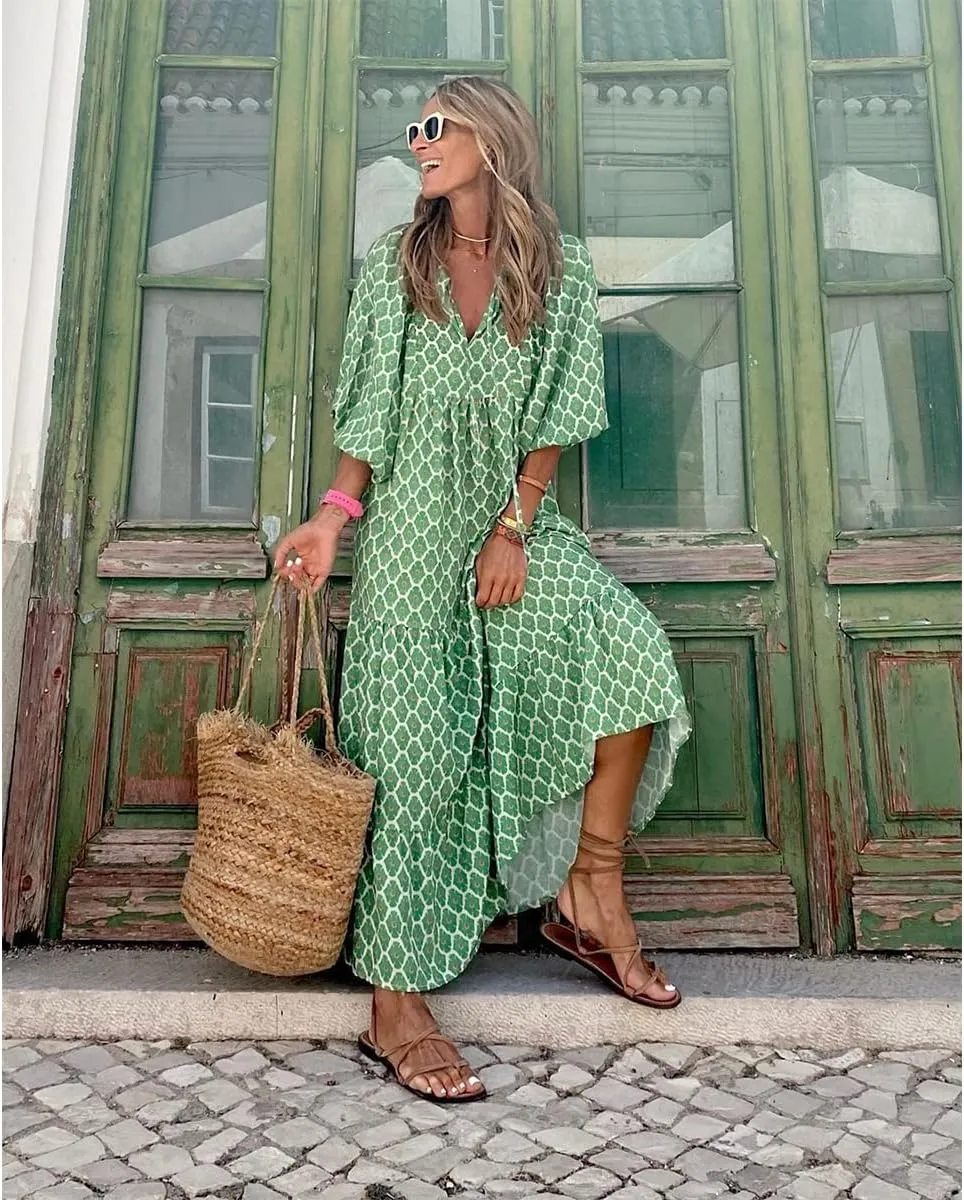 TIAFORD Womens 2024 Casual Boho Maxi Dresses V Neck Puff Sleeve Geometric Pattern Smocked Ruffle Flowy Beach Long Dress