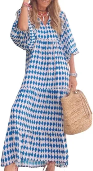 TIAFORD Womens 2024 Casual Boho Maxi Dresses V Neck Puff Sleeve Geometric Pattern Smocked Ruffle Flowy Beach Long Dress