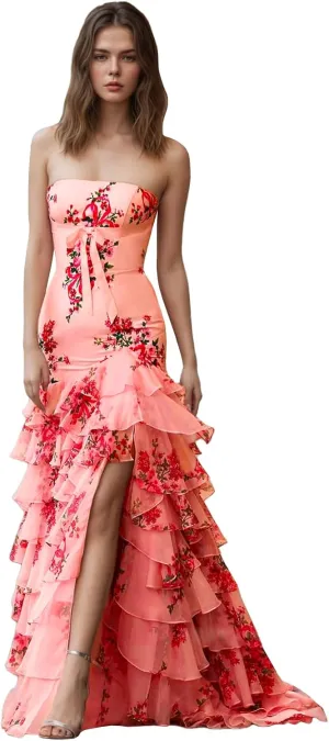 Tiered Floral Print Prom Dresses Long Ball Gown with Bow Strapless A Line Formal Evening Party Gowns with Slit
