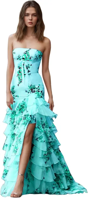 Tiered Floral Print Prom Dresses Long Ball Gown with Bow Strapless A Line Formal Evening Party Gowns with Slit
