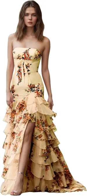 Tiered Floral Print Prom Dresses Long Ball Gown with Bow Strapless A Line Formal Evening Party Gowns with Slit
