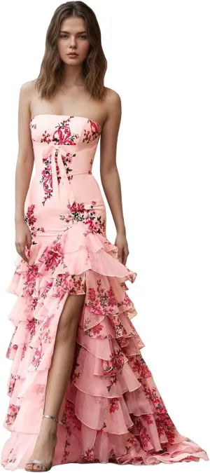 Tiered Floral Print Prom Dresses Long Ball Gown with Bow Strapless A Line Formal Evening Party Gowns with Slit