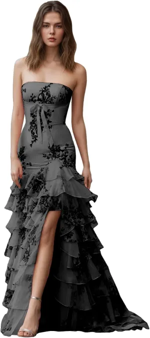 Tiered Floral Print Prom Dresses Long Ball Gown with Bow Strapless A Line Formal Evening Party Gowns with Slit