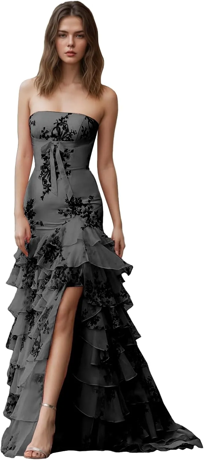 Tiered Floral Print Prom Dresses Long Ball Gown with Bow Strapless A Line Formal Evening Party Gowns with Slit