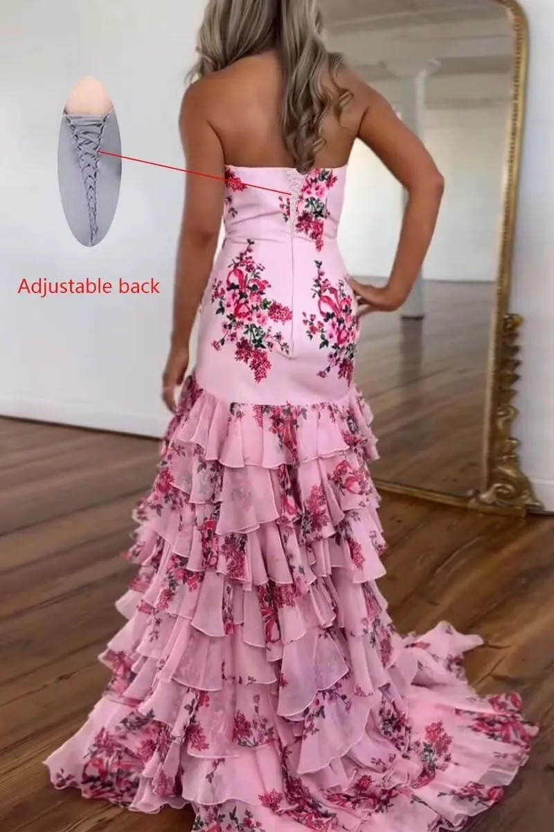 Tiered Floral Print Prom Dresses Long Ball Gown with Bow Strapless A Line Formal Evening Party Gowns with Slit