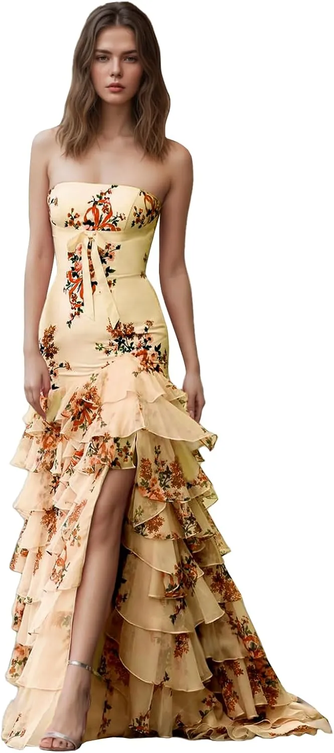Tiered Floral Print Prom Dresses Long Ball Gown with Bow Strapless A Line Formal Evening Party Gowns with Slit