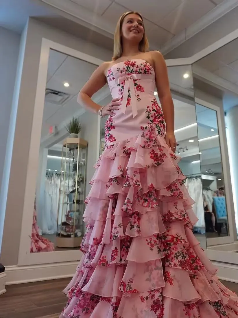 Tiered Floral Print Prom Dresses Long Ball Gown with Bow Strapless A Line Formal Evening Party Gowns with Slit