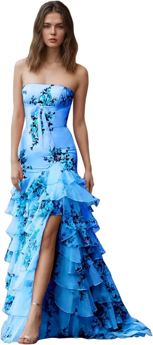 Tiered Floral Print Prom Dresses Long Ball Gown with Bow Strapless A Line Formal Evening Party Gowns with Slit