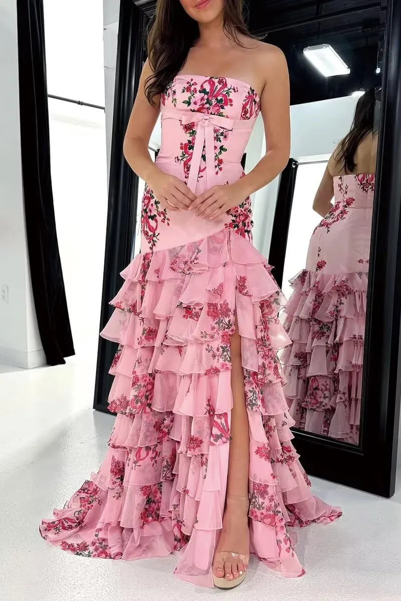 Tiered Floral Print Prom Dresses Long Ball Gown with Bow Strapless A Line Formal Evening Party Gowns with Slit
