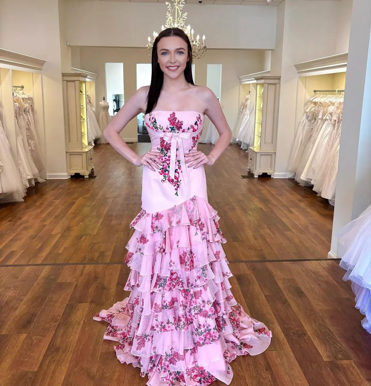 Tiered Floral Print Prom Dresses Long Ball Gown with Bow Strapless A Line Formal Evening Party Gowns with Slit
