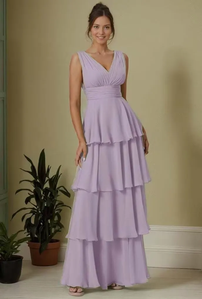 Tiered Ruffles Bridesmaid Dresses for Women V Neck Chiffon Prom Dress Empire Formal Party Evening Gowns