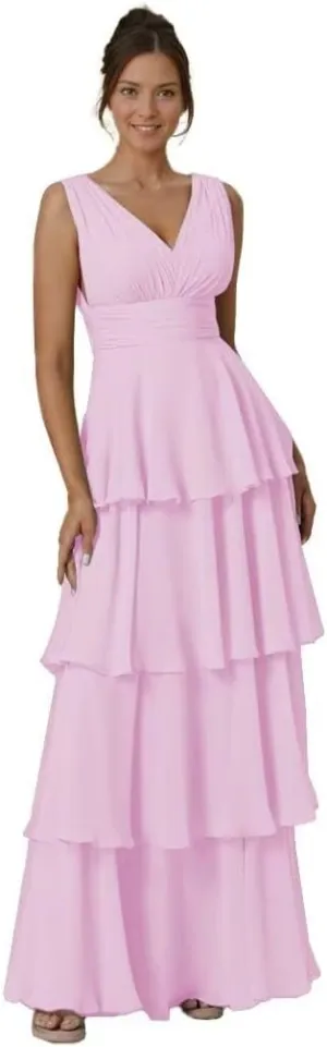 Tiered Ruffles Bridesmaid Dresses for Women V Neck Chiffon Prom Dress Empire Formal Party Evening Gowns