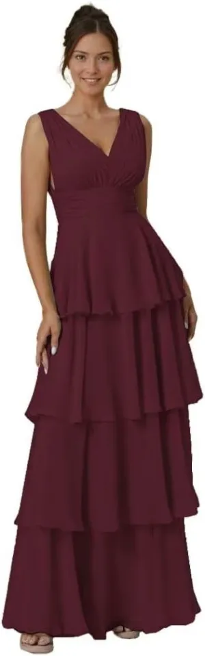 Tiered Ruffles Bridesmaid Dresses for Women V Neck Chiffon Prom Dress Empire Formal Party Evening Gowns